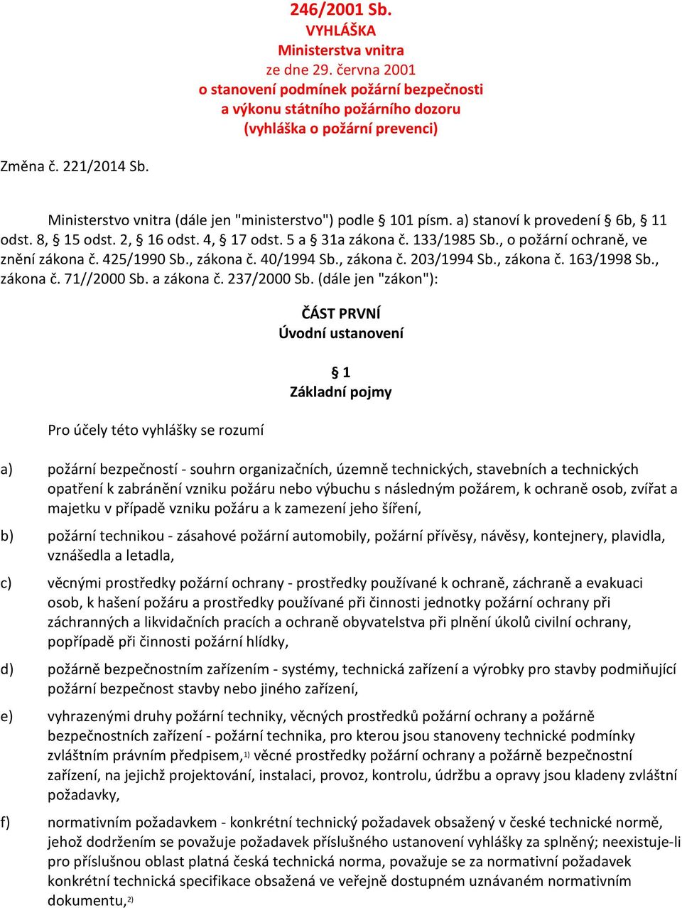 , o požární ochraně, ve znění zákona č. 425/1990 Sb., zákona č. 40/1994 Sb., zákona č. 203/1994 Sb., zákona č. 163/1998 Sb., zákona č. 71//2000 Sb. a zákona č. 237/2000 Sb.