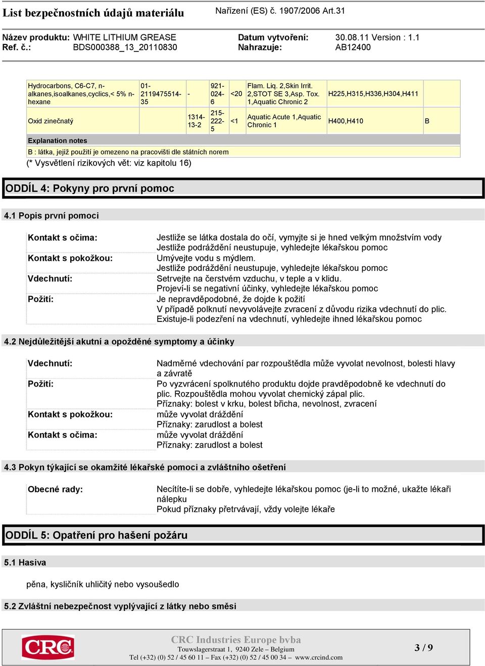 1,Aquatic Chronic 2 Aquatic Acute 1,Aquatic Chronic 1 H225,H315,H336,H304,H411 H400,H410 B ODDÍL 4: Pokyny pro první pomoc 4.