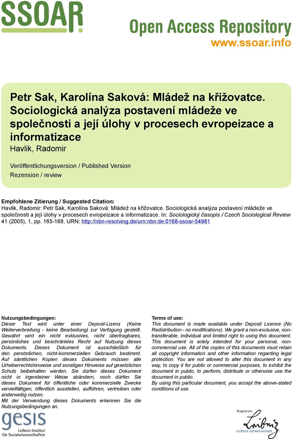 Zitierung / Suggested Citation: Havlik, Radomir: Petr Sak, Karolína Saková: Mládež na křižovatce.