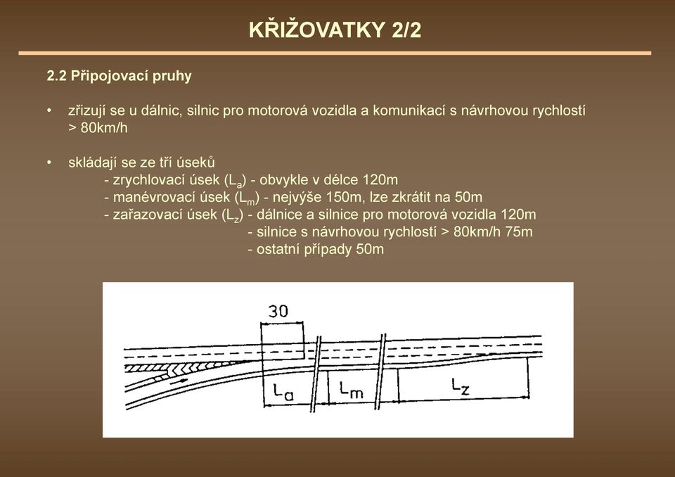 manévrovací úsek (L m ) - nejvýše 150m, lze zkrátit na 50m -zařazovací úsek (L z ) - dálnice a