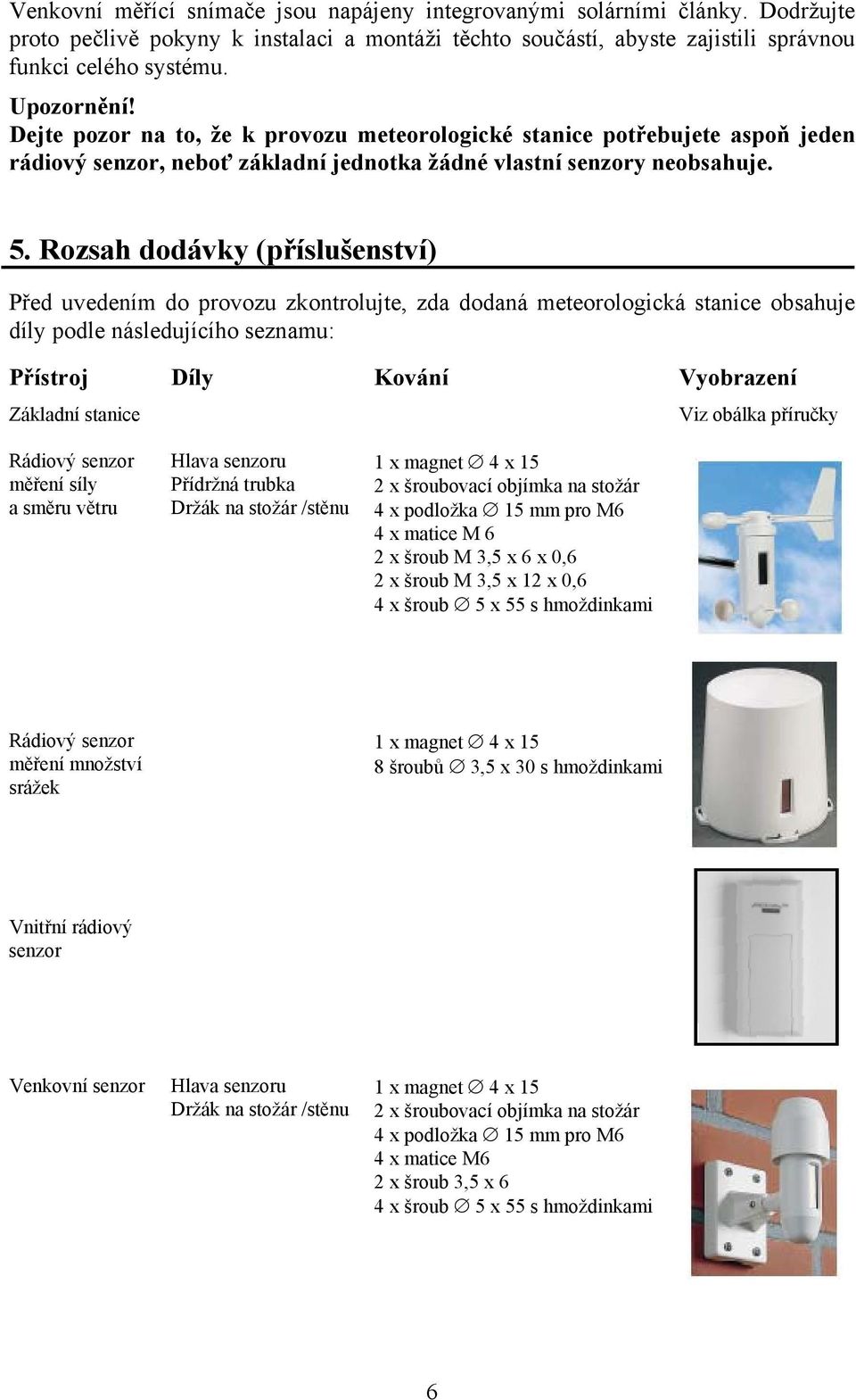 Rozsah dodávky (příslušenství) Před uvedením do provozu zkontrolujte, zda dodaná meteorologická stanice obsahuje díly podle následujícího seznamu: Přístroj Díly Kování Vyobrazení Základní stanice Viz