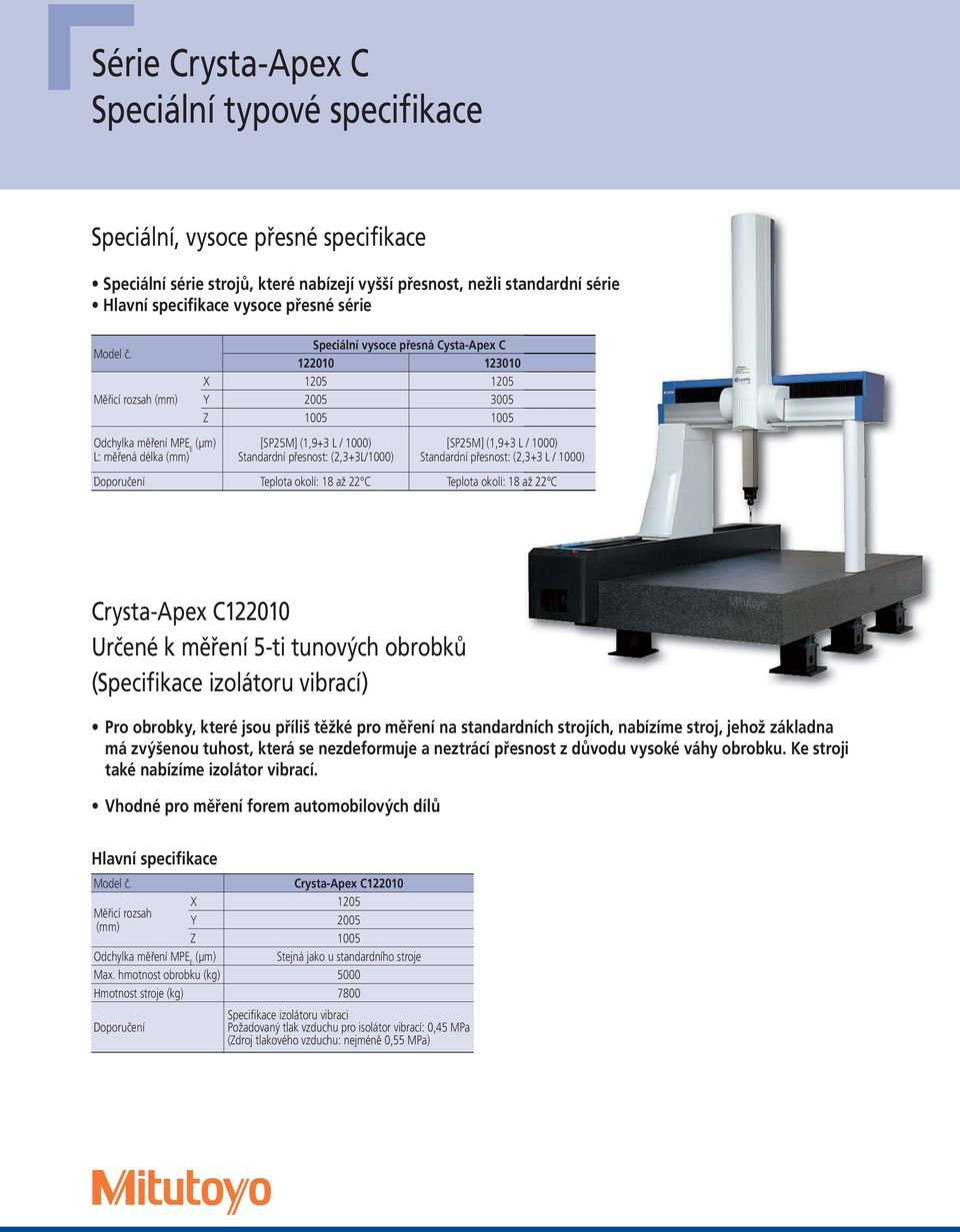 Měřicí rozsah (mm) Speciální vysoce přesná Cysta-Apex C 122010 123010 X 1205 1205 Y 2005 3005 Z 1005 1005 Odchylka měření MPE E (μm) [SP25M] (1,9+3 L / 1000) [SP25M] (1,9+3 L / 1000) L: měřená délka