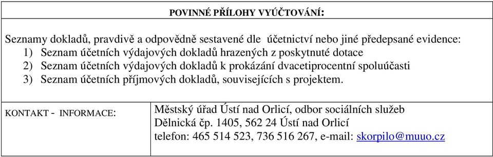 dvacetiprocentní spoluúčasti 3) Seznam účetních příjmových dokladů, souvisejících s projektem.