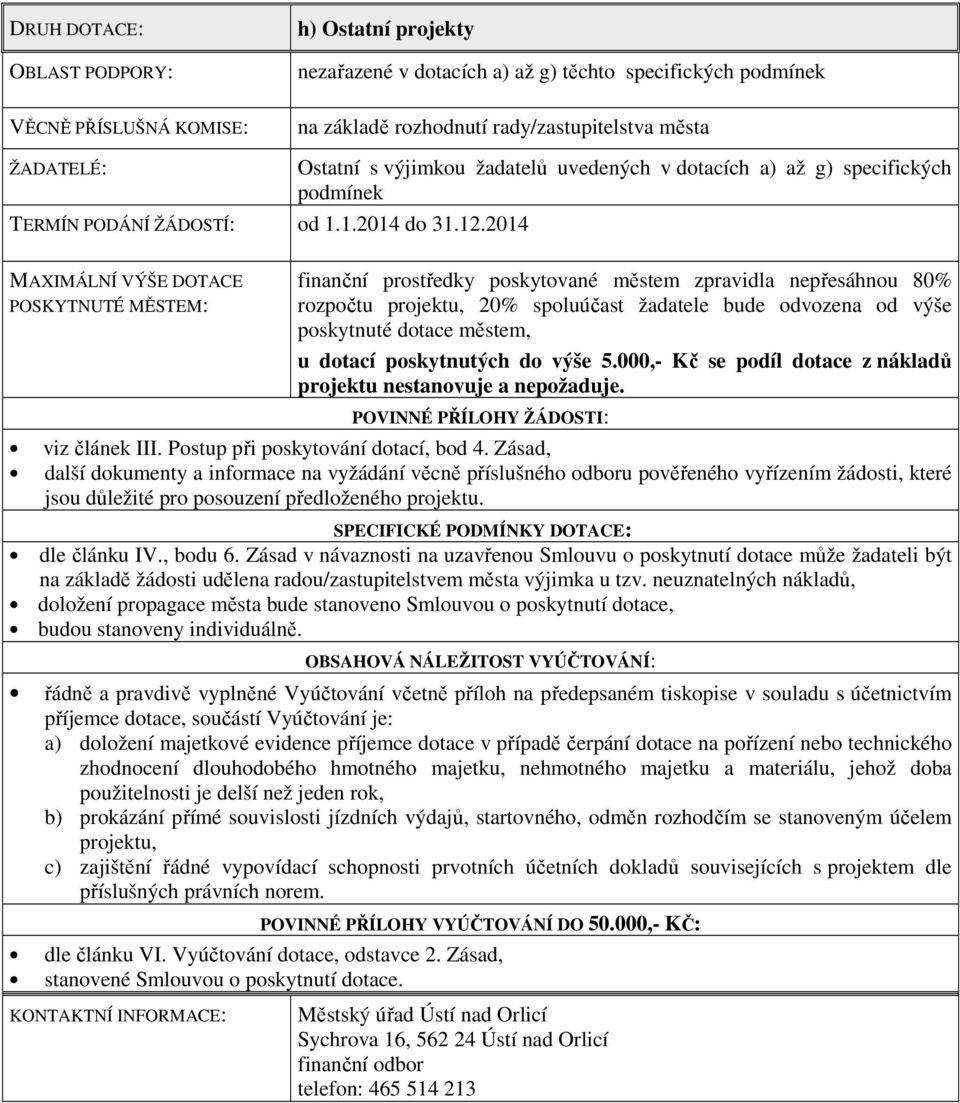 2014 Ostatní s výjimkou žadatelů uvedených v dotacích a) až g) specifických podmínek MAXIMÁLNÍ VÝŠE DOTACE POSKYTNUTÉ MĚSTEM: finanční prostředky poskytované městem zpravidla nepřesáhnou 80% rozpočtu