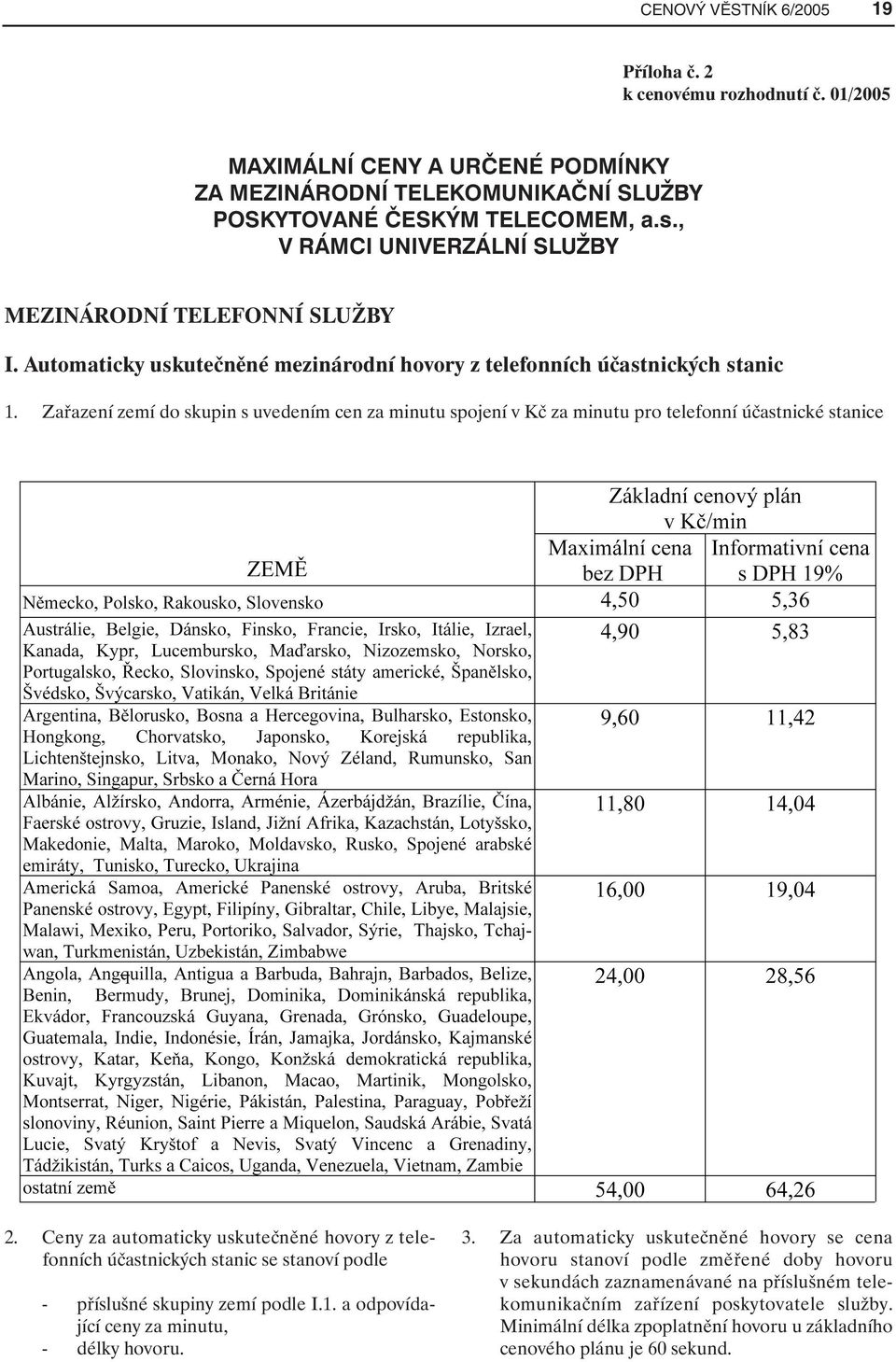 Zařazení zemí do skupin s uvedením cen za minutu spojení v Kč za minutu pro telefonní účastnické stanice 2.