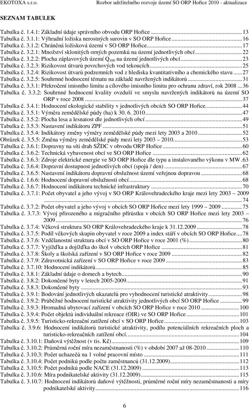 ..25 Tabulka č. 3.2.4: Rizikovost útvarů podzemních vod z hlediska kvantitativního a chemického stavu...27 Tabulka č. 3.2.5: Souhrnné hodnocení tématu na základě navržených indikátorů...31 Tabulka č.