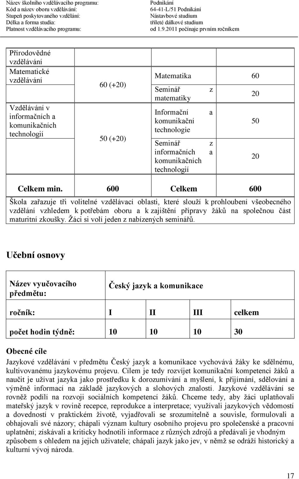 600 Celkem 600 Škola zařazuje tři volitelné vzdělávací oblasti, které slouží k prohloubení všeobecného vzdělání vzhledem k potřebám oboru a k zajištění přípravy žáků na společnou část maturitní