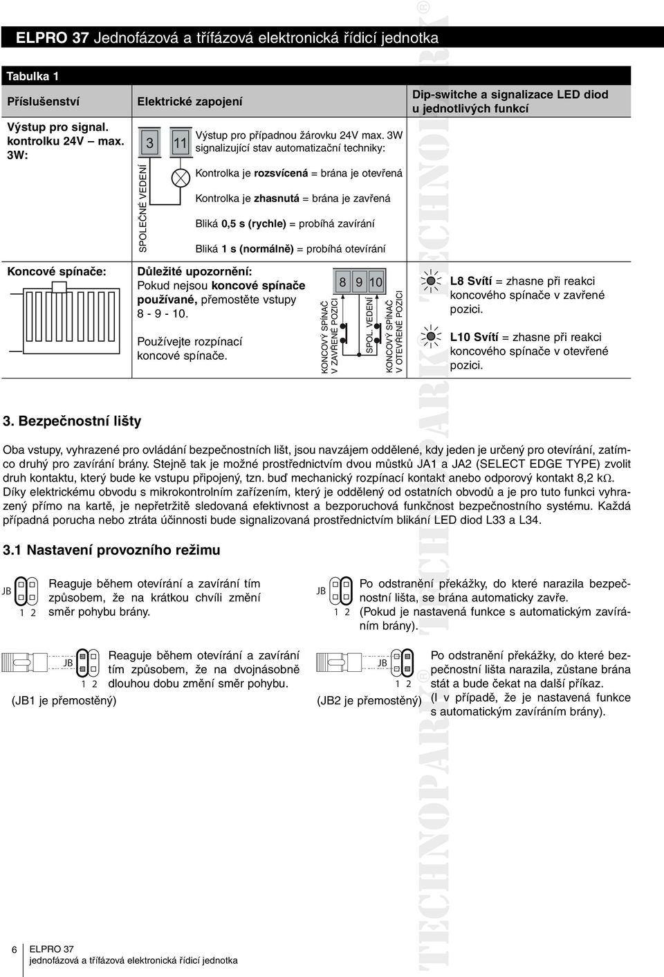 probíhá otevírání Dipswitche a signalizace LED diod u jednotlivých funkcí Koncové spínače: Důležité upozornění: Pokud nejsou koncové spínače používané, přemostěte vstupy 8 9 10.