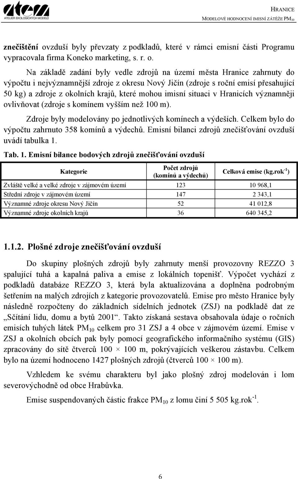 Na základě zadání byly vedle zdrojů na území města Hranice zahrnuty do výpočtu i nejvýznamnější zdroje z okresu Nový Jičín (zdroje s roční emisí přesahující 50 kg) a zdroje z okolních krajů, které