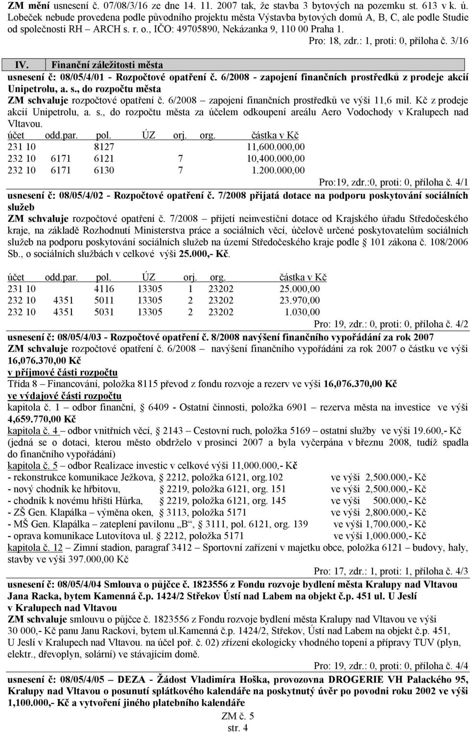 : 1, proti: 0, příloha č. 3/16 IV. Finanční záležitosti města usnesení č: 08/05/4/01 - Rozpočtové opatření č. 6/2008 - zapojení finančních prostředků z prodeje akcií Unipetrolu, a. s.