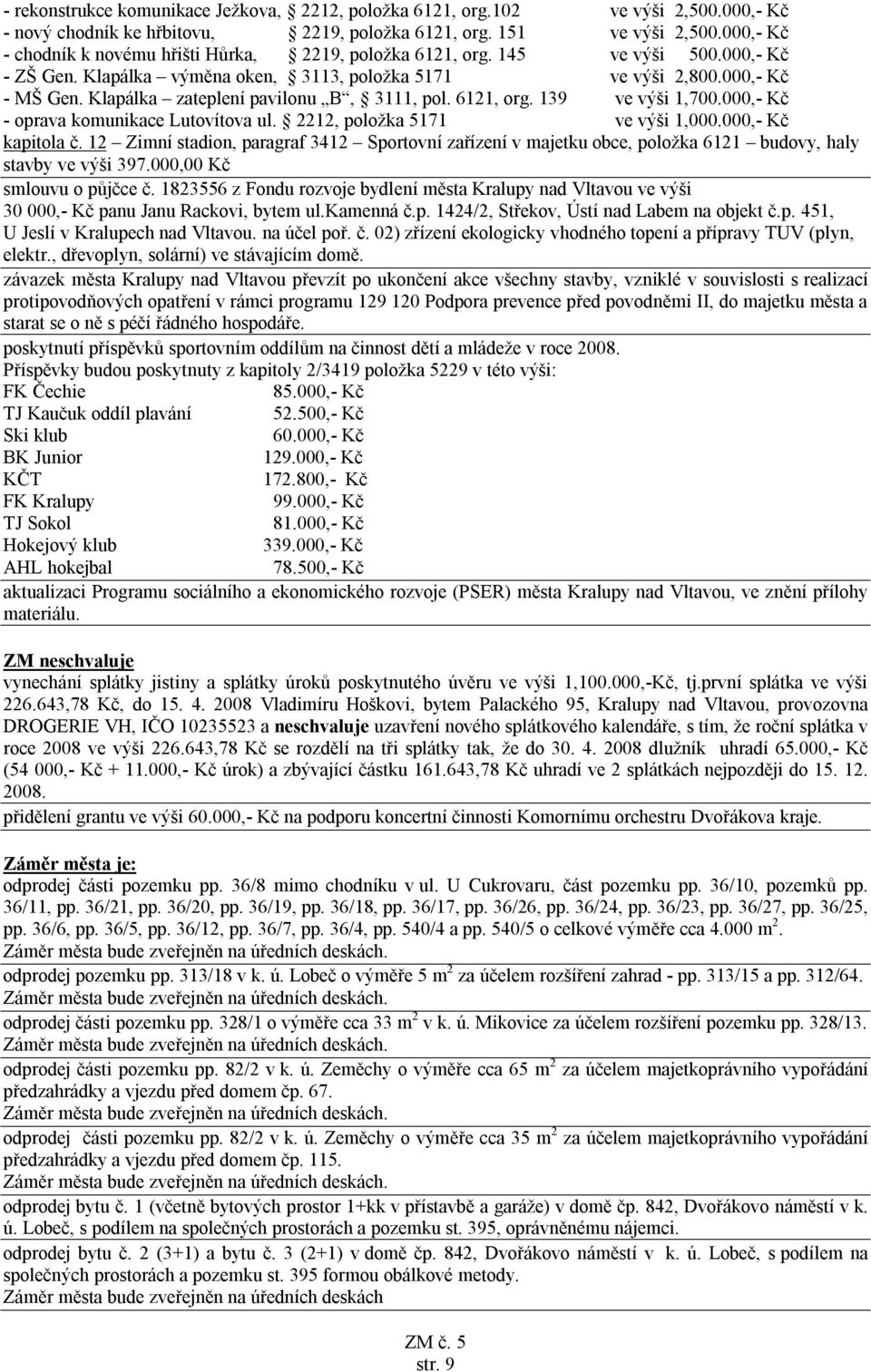 Klapálka zateplení pavilonu B, 3111, pol. 6121, org. 139 ve výši 1,700.000,- Kč - oprava komunikace Lutovítova ul. 2212, položka 5171 ve výši 1,000.000,- Kč kapitola č.