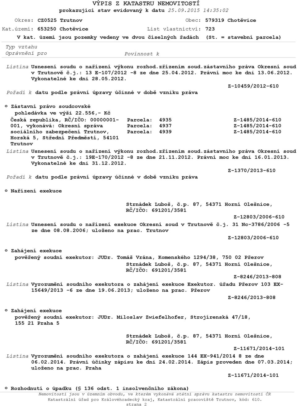 zřízením soud.zástavního práva Okresní soud v Trutnově č.j.: 13 E-107/2012-