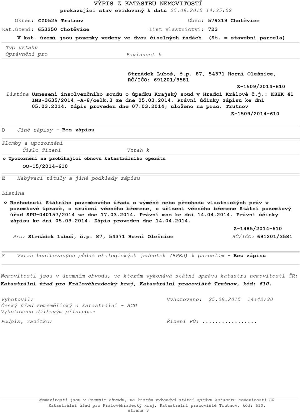 zemky vedeny ve dvou číselných řadách (St. = stavební parcela) Strnádek Luboš, č.p. 87, 54371 Horní Olešnice, RČ/IČO: 691201/3581 Z-1509/2014-610 Listina Usnesení insolvenčního soudu o úpadku Krajský soud v Hradci Králové č.