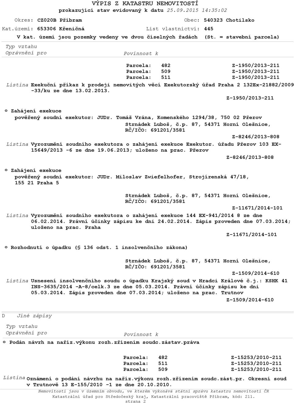 = stavební parcela) Listina Parcela: 482 Parcela: 509 Parcela: 511 Z-1950/2013-211 Z-1950/2013-211 Z-1950/2013-211 Exekuční příkaz k prodeji nemovitých věcí Exekutorský úřad Praha 2