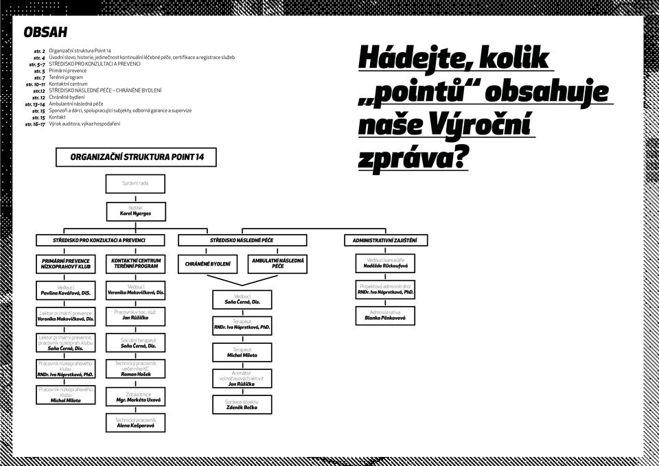 16 17 Organizační struktura Point 14 Úvodní slovo, historie, jedinečnost kontinuální léčebné péče, certifikace a registrace služeb STŘEDISKO PRO KONZULTACI A PREVENCI Primární prevence Terénní