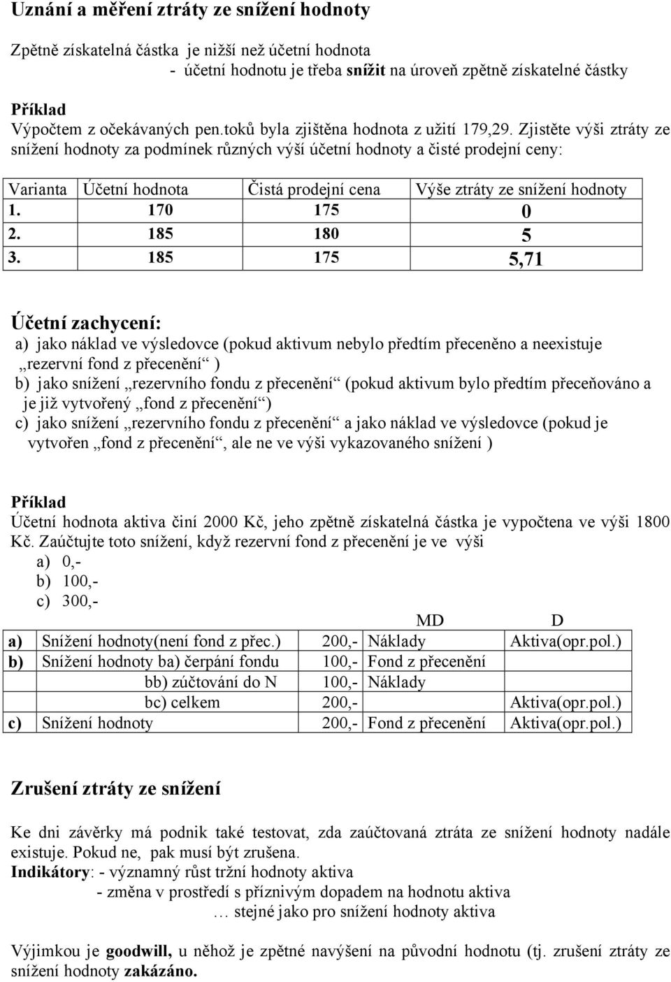 Zjistěte výši ztráty ze snížení hodnoty za podmínek různých výší účetní hodnoty a čisté prodejní ceny: Varianta Účetní hodnota Čistá prodejní cena Výše ztráty ze snížení hodnoty 1. 170 175 0 2.