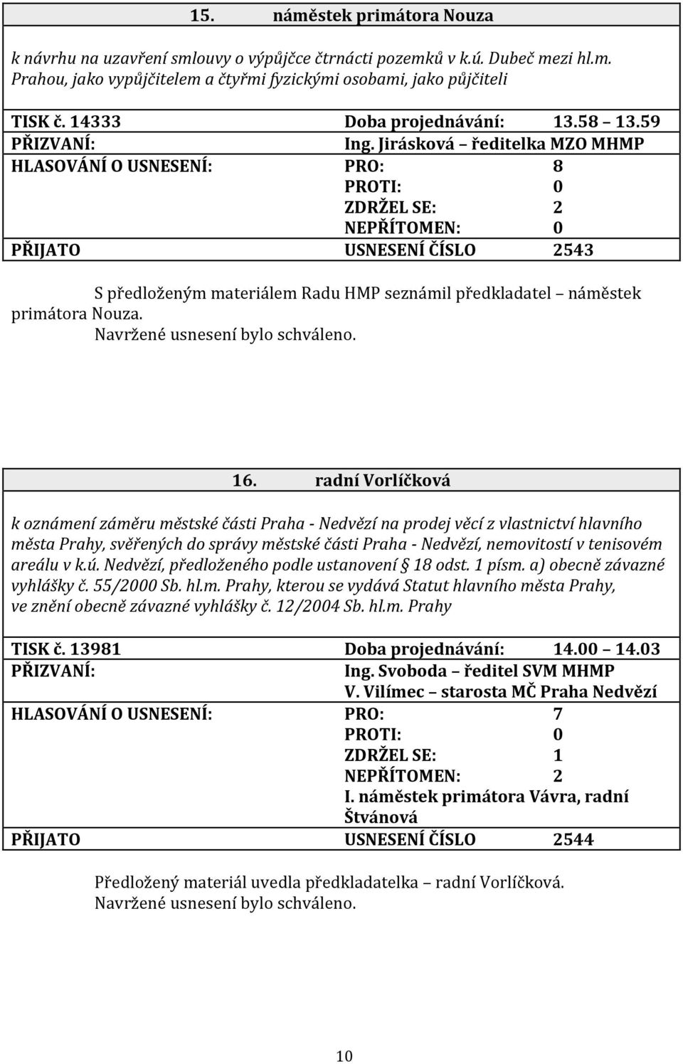 Jirásková ředitelka MZO MHMP HLASOVÁNÍ O USNESENÍ: PRO: 8 NEPŘÍTOMEN: 0 PŘIJATO USNESENÍ ČÍSLO 2543 S předloženým materiálem Radu HMP seznámil předkladatel náměstek primátora Nouza. 16.