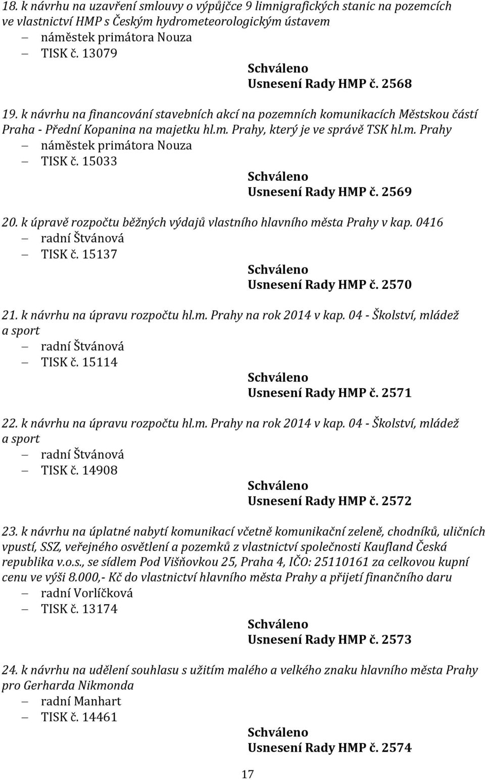 15033 Usnesení Rady HMP č. 2569 20. k úpravě rozpočtu běžných výdajů vlastního hlavního města Prahy v kap. 0416 radní Štvánová TISK č. 15137 Usnesení Rady HMP č. 2570 21.