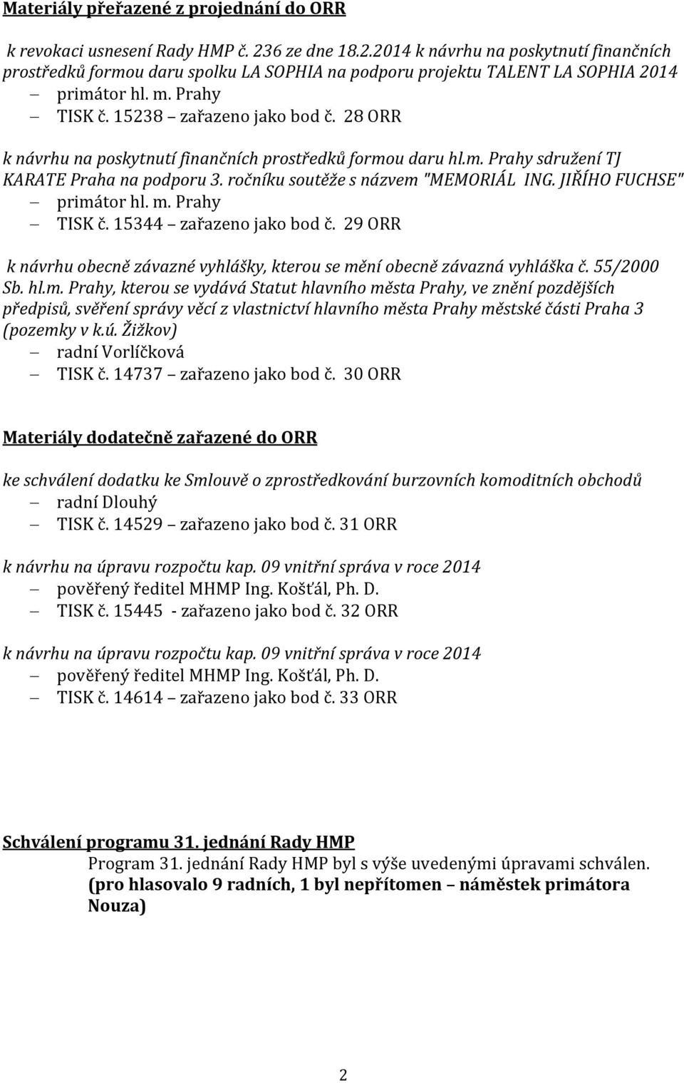 28 ORR k návrhu na poskytnutí finančních prostředků formou daru hl.m. Prahy sdružení TJ KARATE Praha na podporu 3. ročníku soutěže s názvem "MEMORIÁL ING. JIŘÍHO FUCHSE" primátor hl. m. Prahy TISK č.