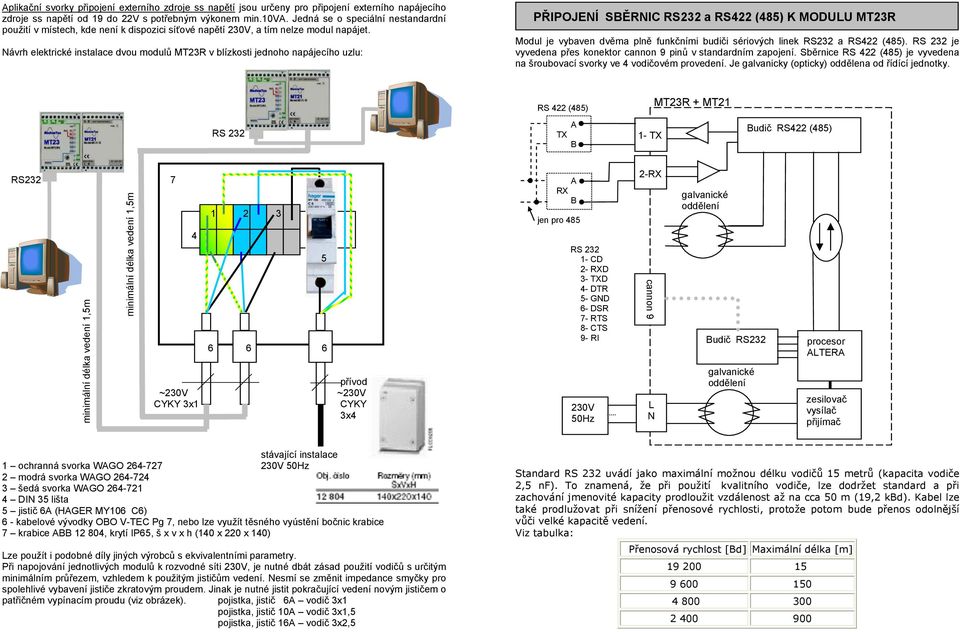 Návrh elektrické instalace dvou modulů MT23R v blízkosti jednoho napájecího uzlu: PŘIPOJENÍ SBĚRNIC a RS422 (485) K MODULU MT23R Modul je vybaven dvěma plně funkčními budiči sériových linek a RS422