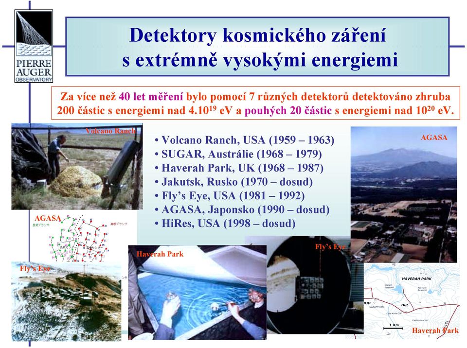 AGASA Volcano Ranch Volcano Ranch, USA (1959 1963) SUGAR, Austrálie (1968 1979) Haverah Park, UK (1968 1987) Jakutsk,