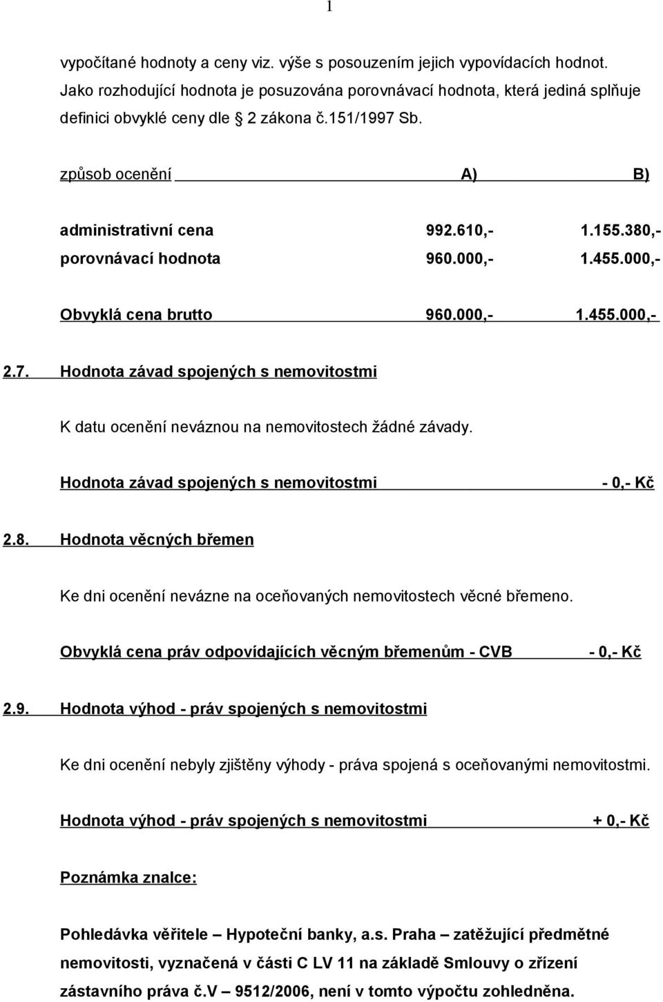 Hodnota závad spojených s nemovitostmi - 0,- Kč 2.8. Hodnota věcných břemen Ke dni ocenění nevázne na oceňovaných nemovitostech věcné břemeno.