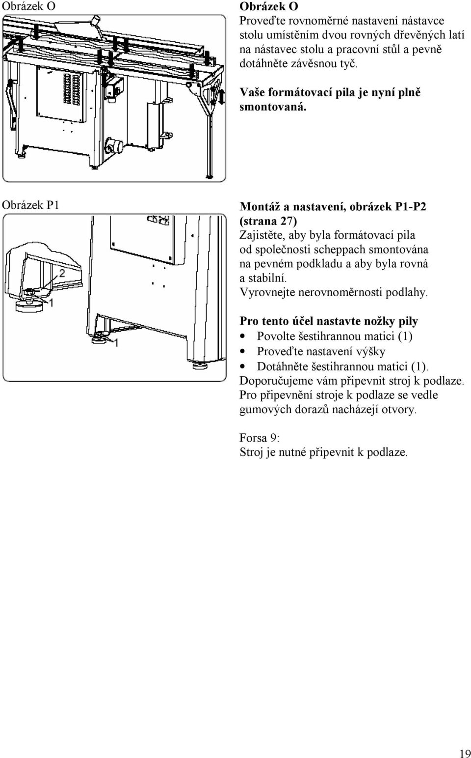 Obrázek P1 Montáž a nastavení, obrázek P1-P2 (strana 27) Zajistěte, aby byla formátovací pila od společnosti scheppach smontována na pevném podkladu a aby byla rovná a stabilní.