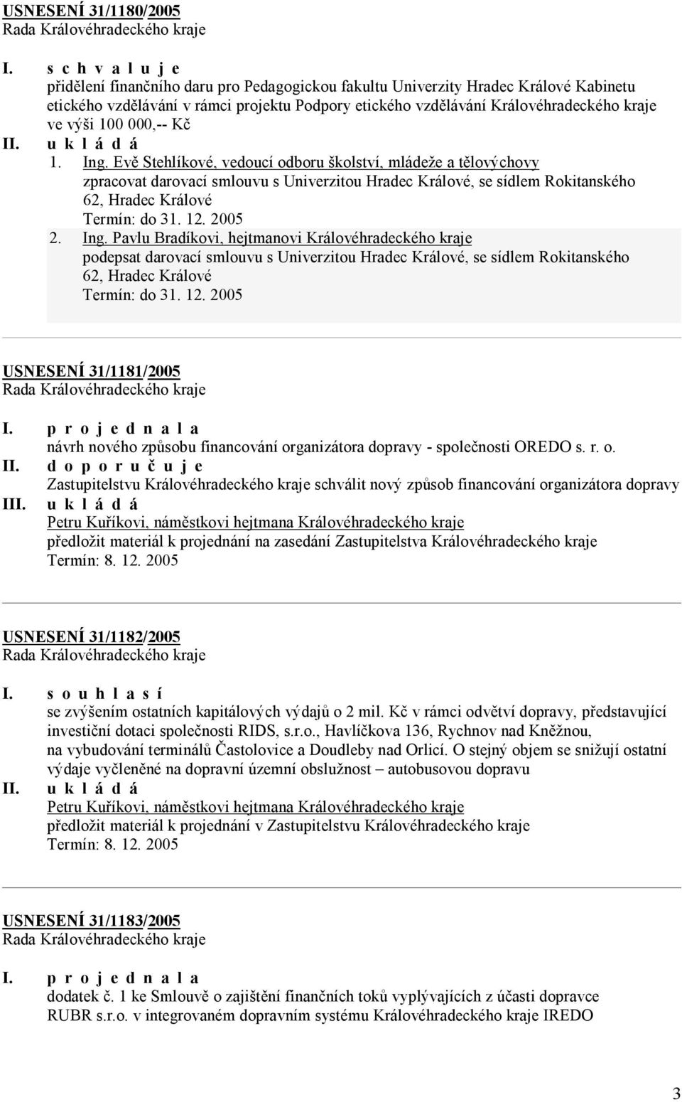 Evě Stehlíkové, vedoucí odboru školství, mládeže a tělovýchovy zpracovat darovací smlouvu s Univerzitou Hradec Králové, se sídlem Rokitanského 62, Hradec Králové Termín: do 31. 12. 2005 2. Ing.