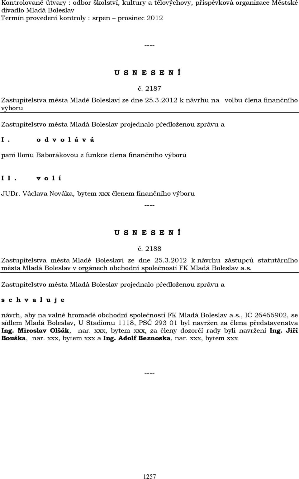 Václava Nováka, bytem xxx členem finančního výboru č. 2188 Zastupitelstva města Mladé Boleslavi ze dne 25.3.