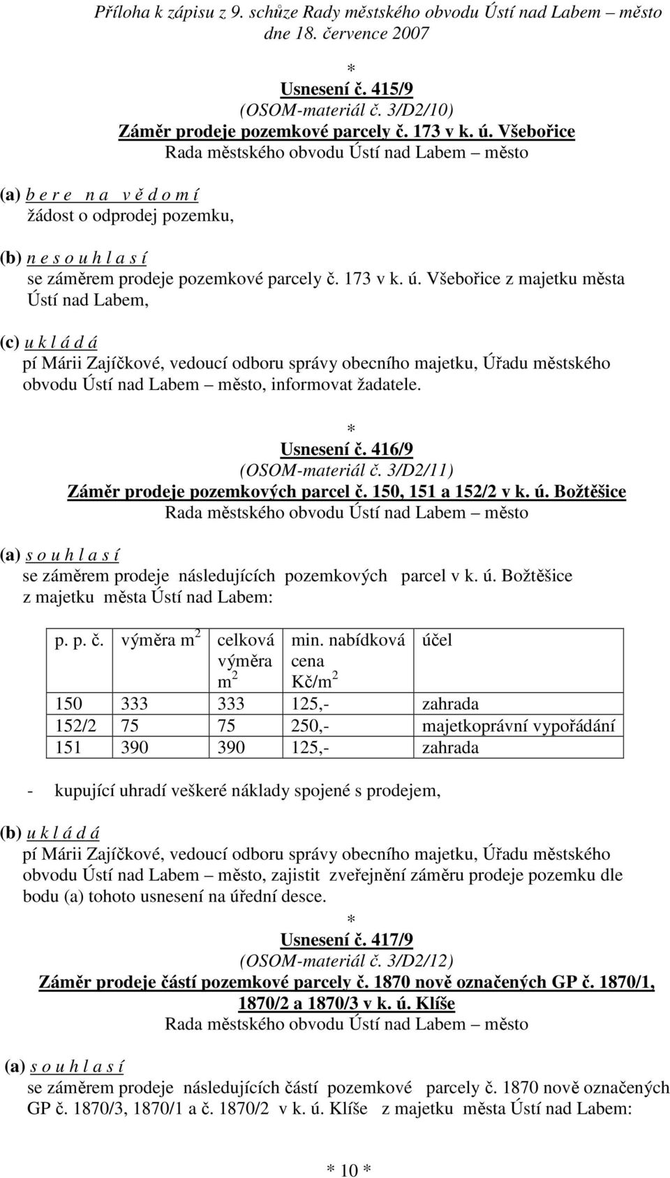 416/9 (OSOM-materiál č. 3/D2/11) Záměr prodeje pozemkových parcel č. 150, 151 a 152/2 v k. ú. Božtěšice (a) s o u h l a s í se záměrem prodeje následujících pozemkových parcel v k. ú. Božtěšice z majetku města Ústí nad Labem: p.