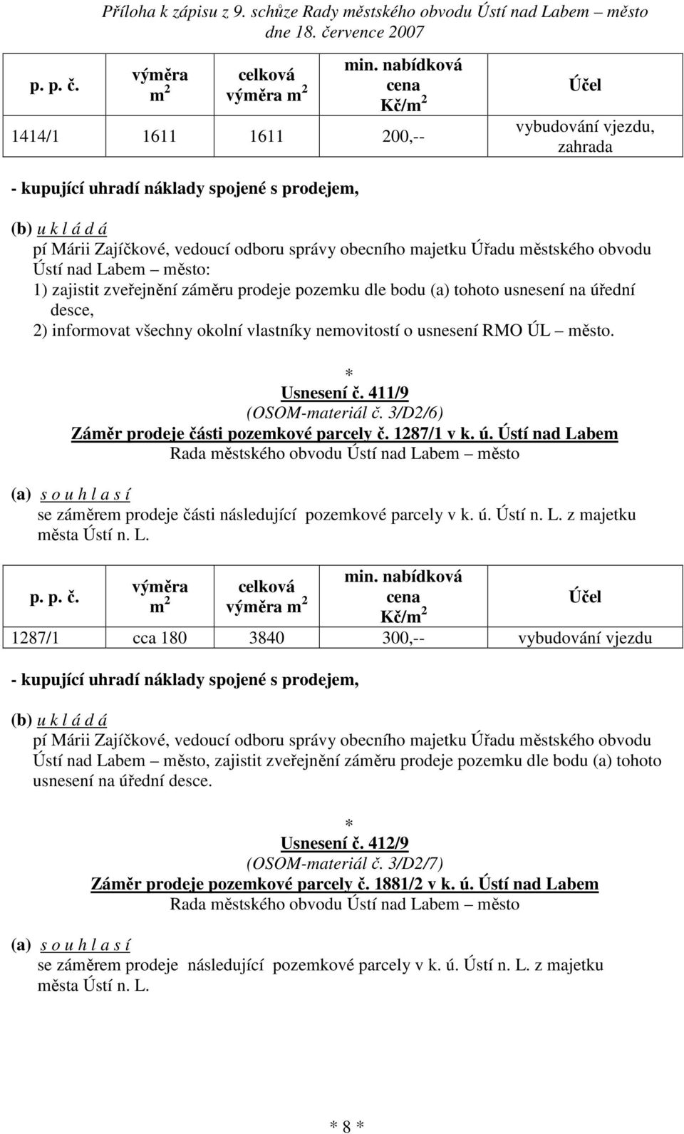 (a) tohoto usnesení na úřední desce, 2) informovat všechny okolní vlastníky nemovitostí o usnesení RMO ÚL město. Usnesení č. 411/9 (OSOM-materiál č. 3/D2/6) Záměr prodeje části pozemkové parcely č.