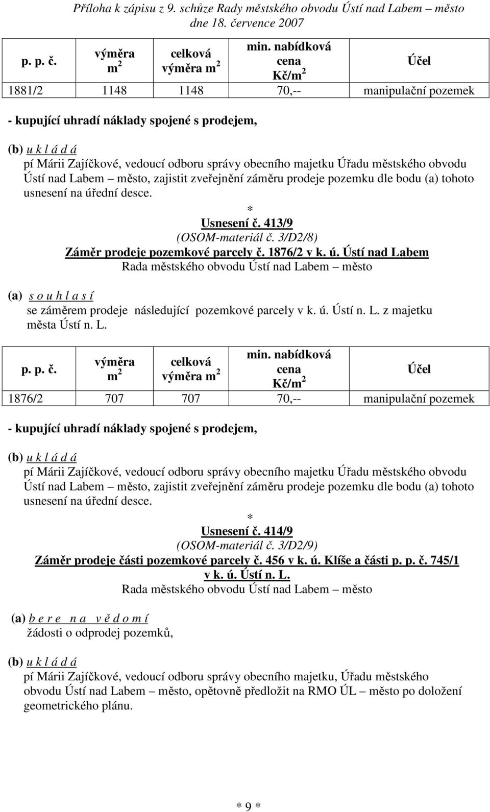 úřední desce. Usnesení č. 413/9 (OSOM-materiál č. 3/D2/8) Záměr prodeje pozemkové parcely č. 1876/2 v k. ú. Ústí nad Labem (a) s o u h l a s í se záměrem prodeje následující pozemkové parcely v k. ú. Ústí n. L. z majetku města Ústí n.