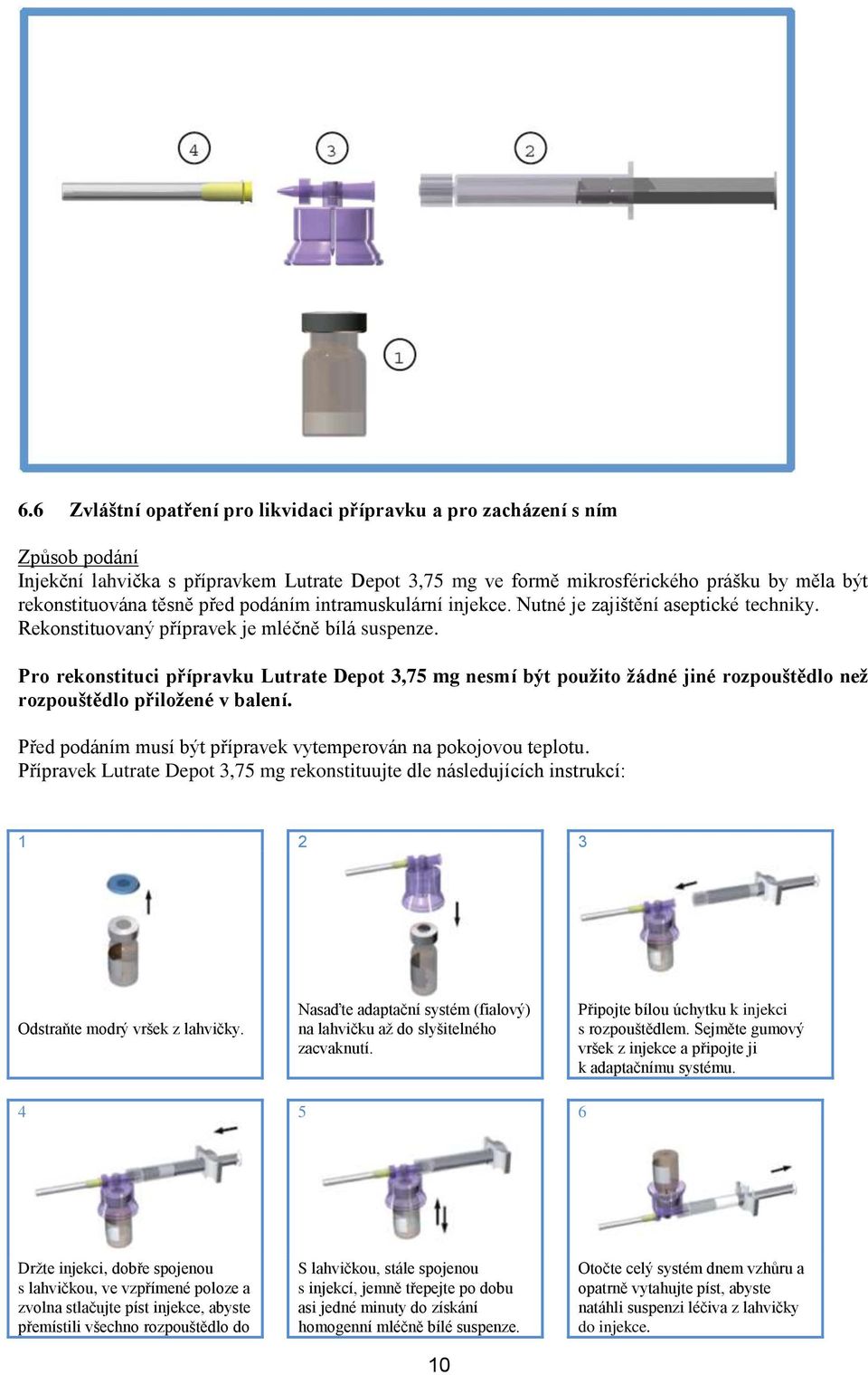 Pro rekonstituci přípravku Lutrate Depot 3,75 mg nesmí být použito žádné jiné rozpouštědlo než rozpouštědlo přiložené v balení. Před podáním musí být přípravek vytemperován na pokojovou teplotu.