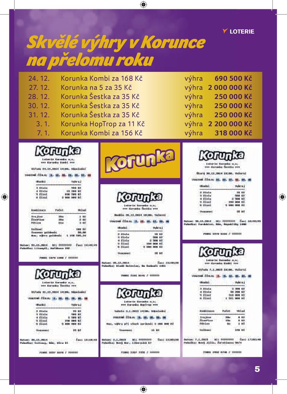 12. Korunka Šestka za 35 K výhra 250 000 K 31. 12. Korunka Šestka za 35 K výhra 250 000 K 3. 1. Korunka HopTrop za 11 K výhra 2 200 000 K 7.