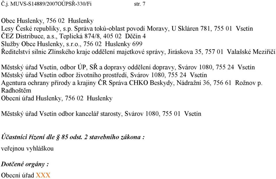 1080, 755 24 Vsetín Městský úřad Vsetín odbor životního prostředí, Svárov 1080, 755 24 Vsetín Agentura ochrany přírody a krajiny ČR Správa CHKO Beskydy, Nádražní 36, 756 61 Rožnov p.