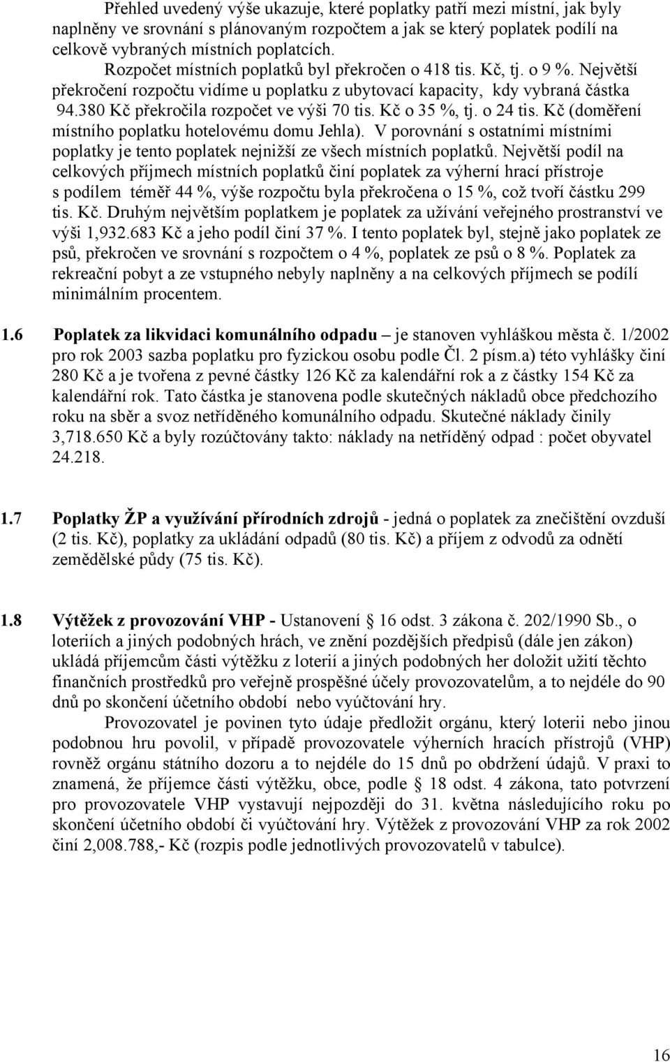 Kč o 35 %, tj. o 24 tis. Kč (doměření místního poplatku hotelovému domu Jehla). V porovnání s ostatními místními poplatky je tento poplatek nejnižší ze všech místních poplatků.