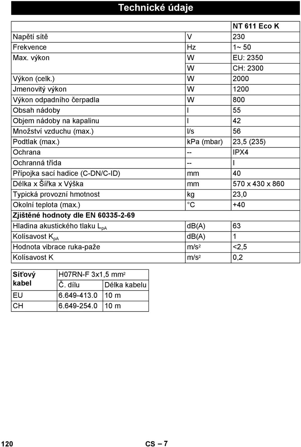 ) kpa (mbar) 23,5 (235) Ochrana -- IPX4 Ochranná třída -- I Přípojka sací hadice (C-DN/C-ID) mm 40 Délka x Šířka x Výška mm 570 x 430 x 860 Typická provozní hmotnost kg 23,0 Okolní