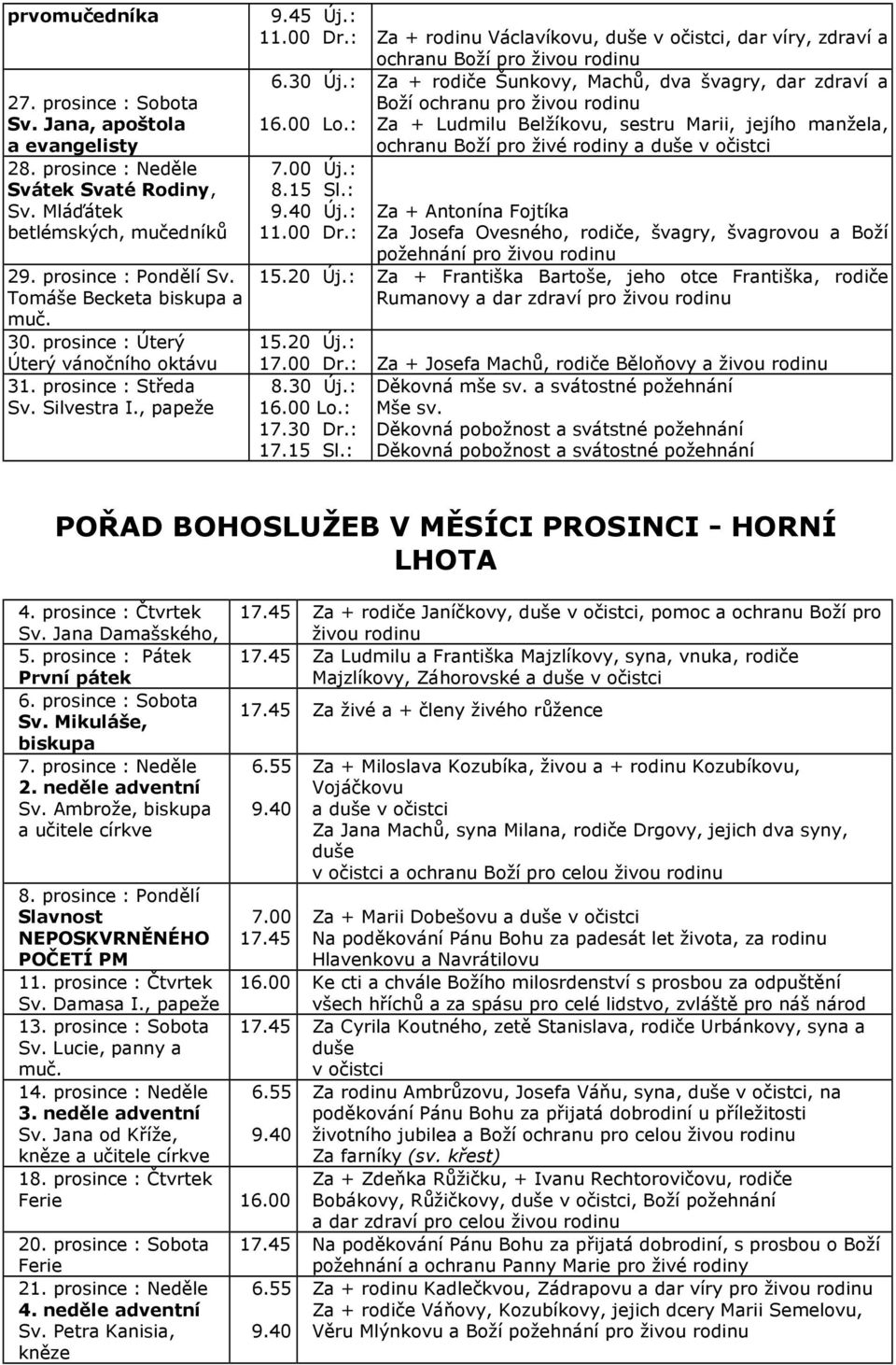 : Za + rodinu Václavíkovu, duše v očistci, dar víry, zdraví a ochranu Boží pro živou rodinu 6.30 Új.: Za + rodiče Šunkovy, Machů, dva švagry, dar zdraví a Boží ochranu pro živou rodinu 16.00 Lo.