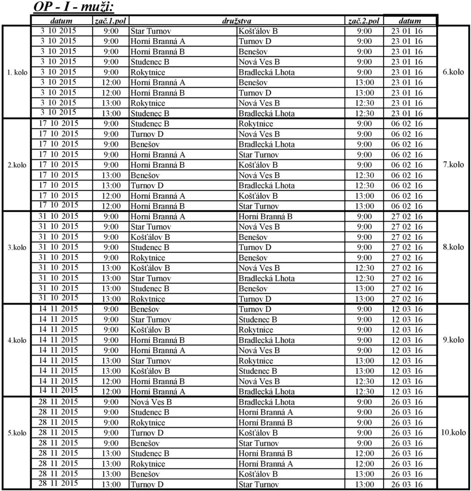 Ves B 9:00 23 01 16 1. kolo 3 10 2015 9:00 Rokytnice Bradlecká Lhota 9:00 23 01 16 6.