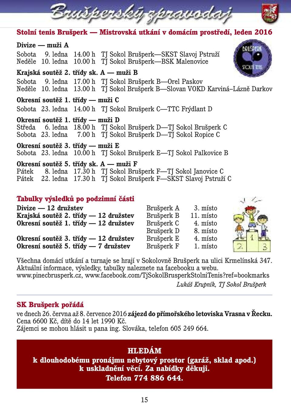 00 h TJ Sokol Brušperk B Slovan VOKD Karviná Lázně Darkov Okresní soutěž 1. třídy muži C Sobota 23. ledna 14.00 h TJ Sokol Brušperk C TTC Frýdlant D Okresní soutěž 1. třídy muži D Středa 6. ledna 18.