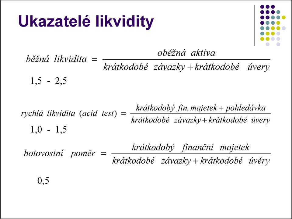 fin. majetek + pohledávka krátkodobé závazky + krátkodobé úvery hotovostní