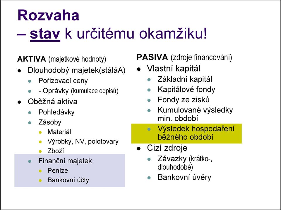 Pohledávky Zásoby Materiál Výrobky, NV, polotovary Zboží Finanční majetek Peníze Bankovní účty PASIVA (zdroje