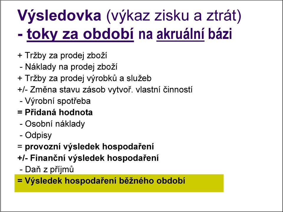 vlastní činností - Výrobní spotřeba = Přidaná hodnota - Osobní náklady - Odpisy = provozní