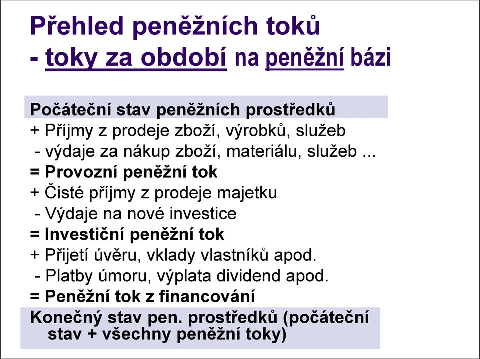 .. = Provozní peněžní tok + Čisté příjmy z prodeje majetku - Výdaje na nové investice = Investiční peněžní tok +