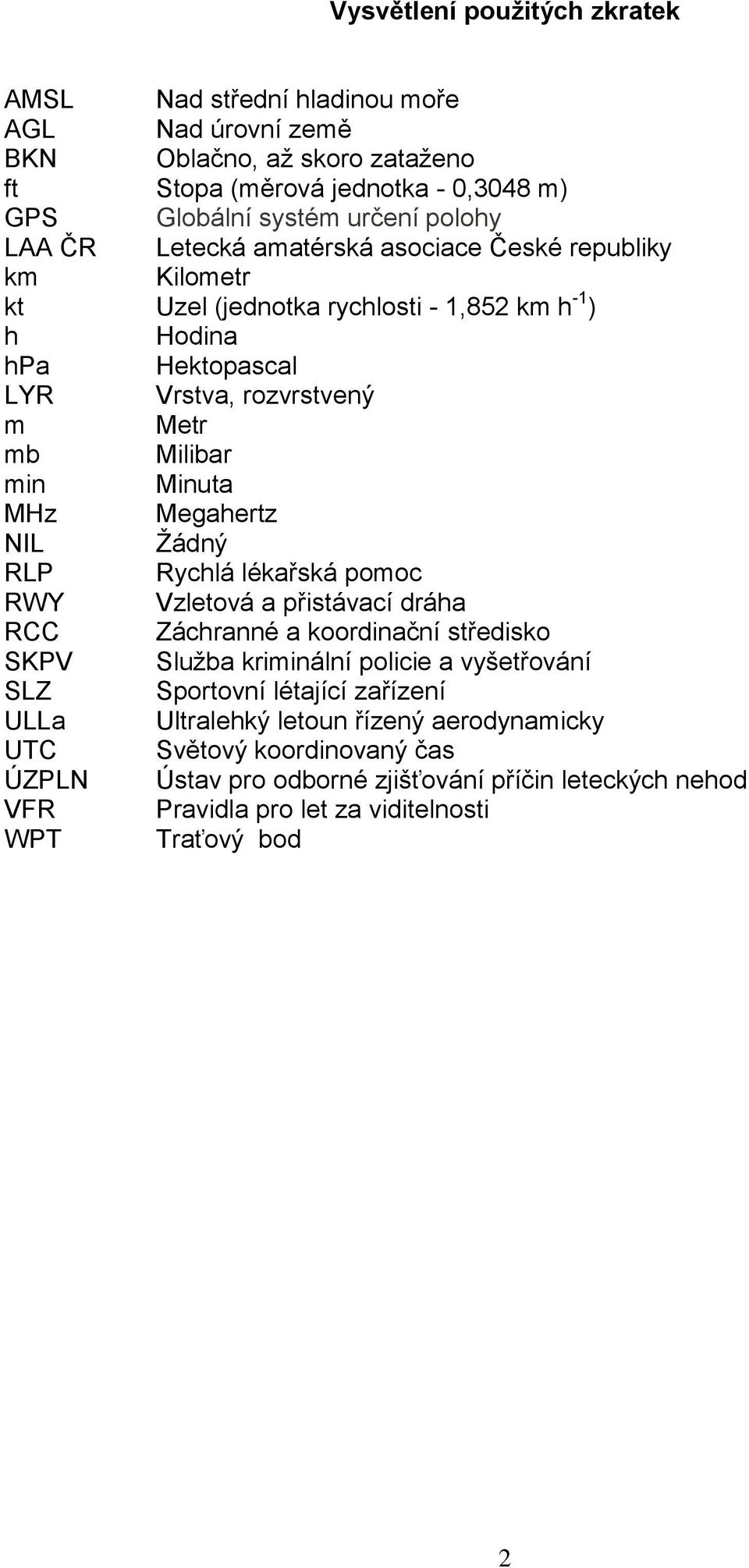 Megahertz NIL Ţádný RLP Rychlá lékařská pomoc RWY Vzletová a přistávací dráha RCC Záchranné a koordinační středisko SKPV Sluţba kriminální policie a vyšetřování SLZ Sportovní létající