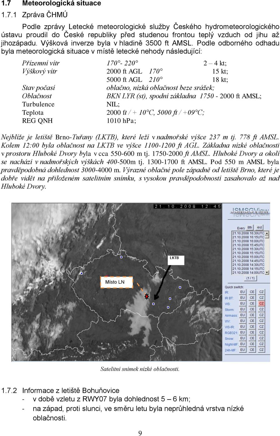 Podle odborného odhadu byla meteorologická situace v místě letecké nehody následující: Přízemní vítr 170-220 2 4 kt; Výškový vítr 2000 ft AGL 170 15 kt; 5000 ft AGL 210 18 kt; Stav počasí oblačno,