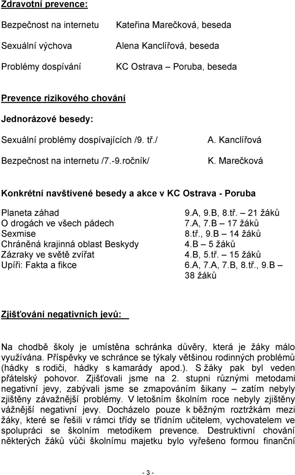 A, 7.B 17 žáků Sexmise 8.tř., 9.B 14 žáků Chráněná krajinná oblast Beskydy 4.B 5 žáků Zázraky ve světě zvířat 4.B, 5.tř. 15 žáků Upíři: Fakta a fikce 6.A, 7.A, 7.B, 8.tř., 9.B 38 žáků Zjišťování negativních jevů: Na chodbě školy je umístěna schránka důvěry, která je žáky málo využívána.