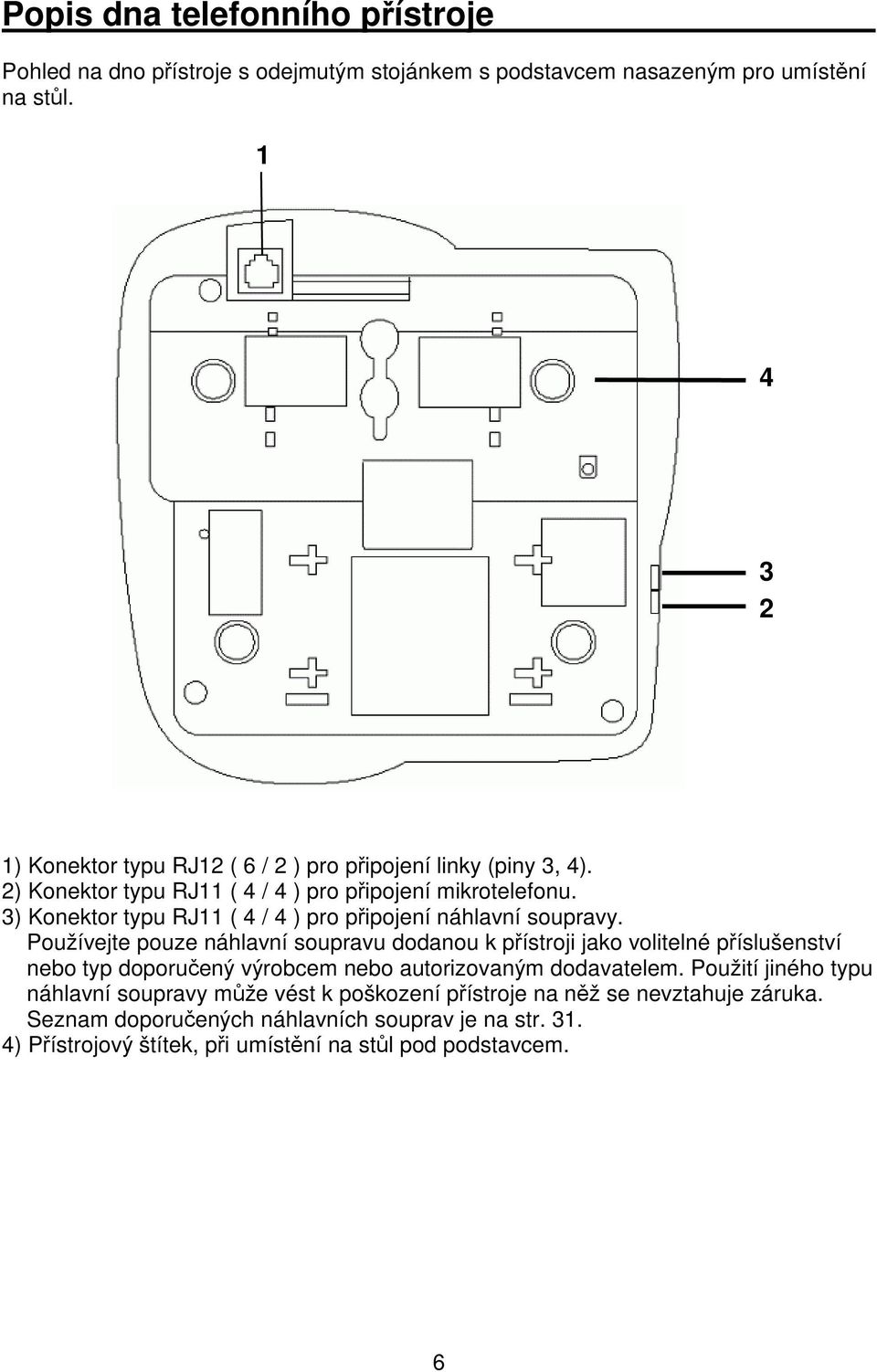 3) Konektor typu RJ11 ( 4 / 4 ) pro pipojení náhlavní soupravy.