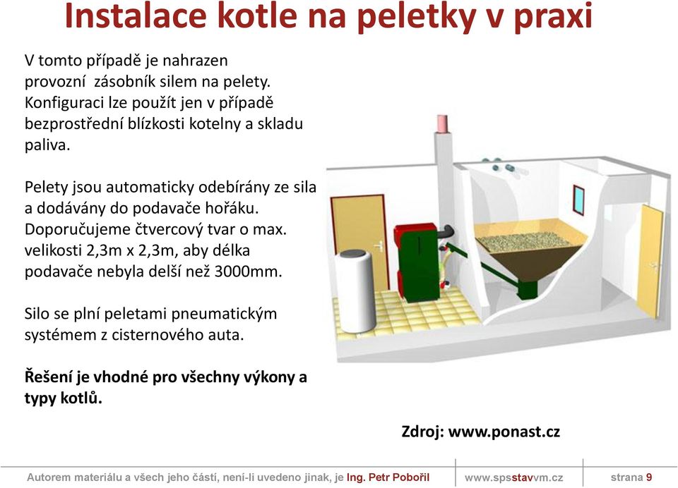 Pelety jsou automaticky odebírány ze sila a dodávány do podavače hořáku. Doporučujeme čtvercový tvar o max.