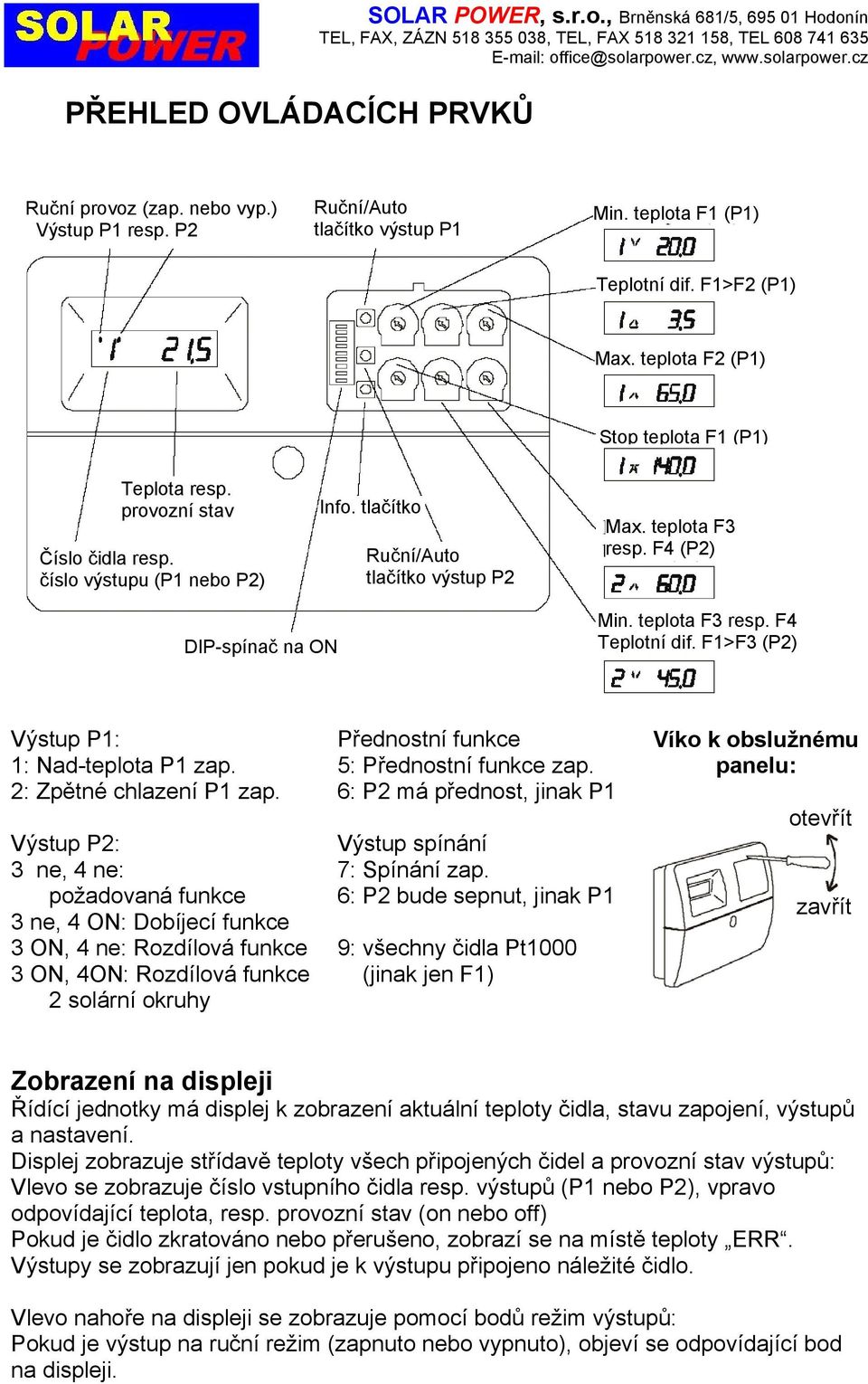 F4 (P2) DIP-spínač na ON Min. teplota F3 resp. F4 Teplotní dif. F1>F3 (P2) Výstup P1: 1: Nad-teplota P1 zap. 2: Zpětné chlazení P1 zap.